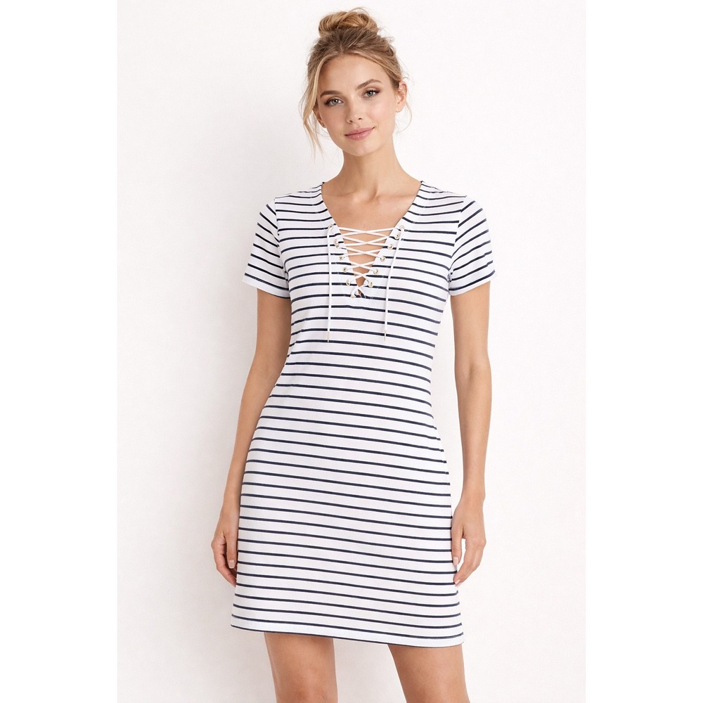 Bardot Womens Lace Up Striped Mini Dress Size 10 White Blue Nautical Summer Chic